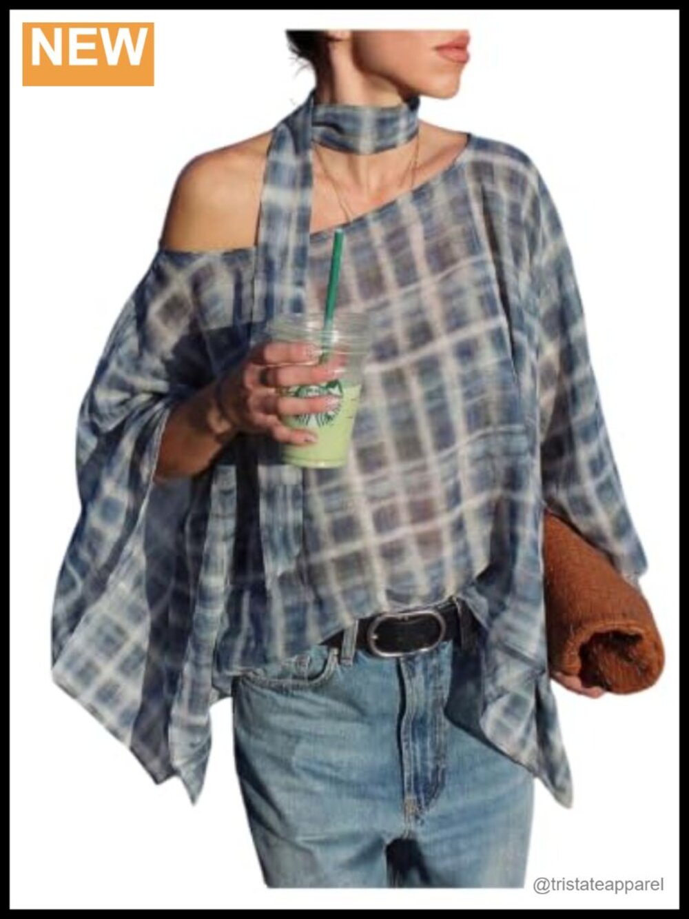 Off Shoulder Gingham Poncho Top Long Sleeve Blouse with Scarf